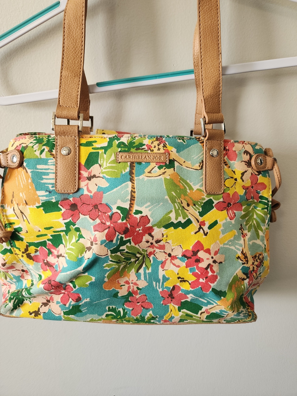 Caribbean Joe Floral Canvas Tote in Blue, Yellow, Pink & Tan Accents